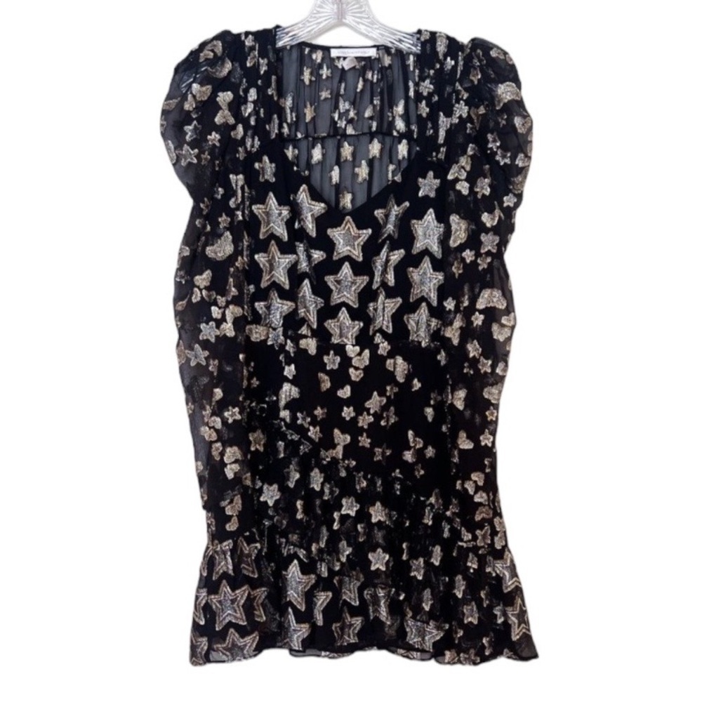 LoveShackFancy Silk Blend Black Gold Star Butterfly Preppy Metallic Mini Dress 6